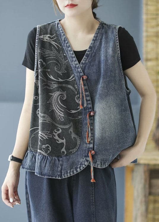 Plus Size Black Tasseled Patchwork denim Sleeveless Vest BSNZK-LPTS211124