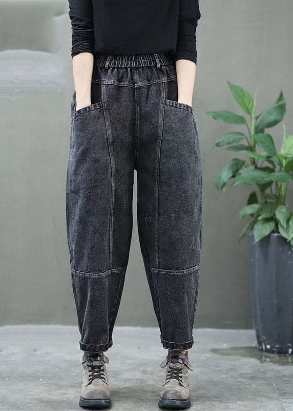 Plus Size Black high waist thick denim Pants Winter NZ-LPTS220105