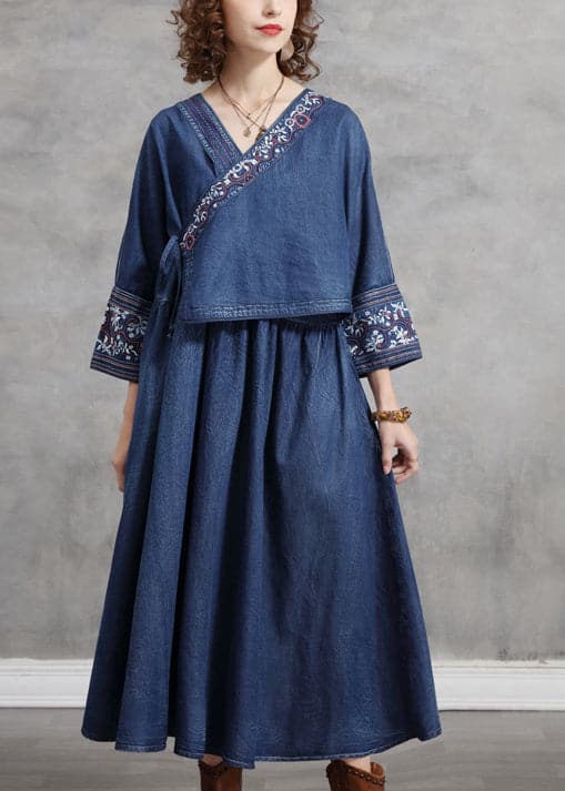 Plus Size Blue Embroideried Asymmetrical Design Tie Waist Cotton Denim Dresses Bracelet Sleeve NZ-FDL220606