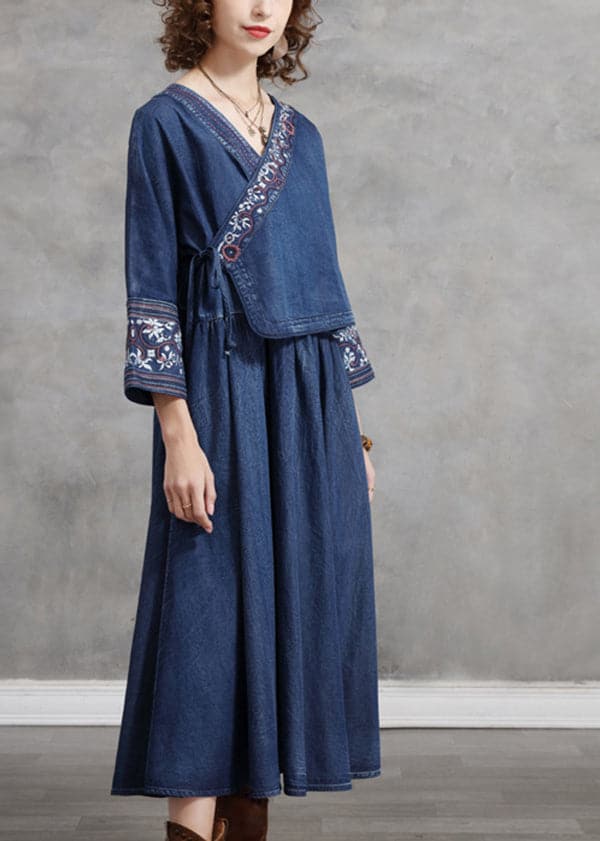 Plus Size Blue Embroideried Asymmetrical Design Tie Waist Cotton Denim Dresses Bracelet Sleeve NZ-FDL220606