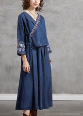 Plus Size Blue Embroideried Asymmetrical Design Tie Waist Cotton Denim Dresses Bracelet Sleeve NZ-FDL220606