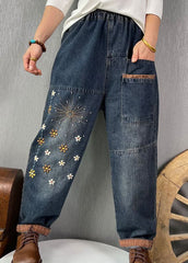 Plus Size Blue Embroideried Pockets denim Pants Spring BSNZK-LPTS211124