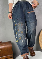 Plus Size Blue Embroideried Pockets denim Pants Spring BSNZK-LPTS211124