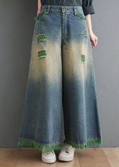 Plus Size Blue High Waist Hole Pockets Tassel Cotton Denim Wide Leg Pants Spring nz-LPTS220526