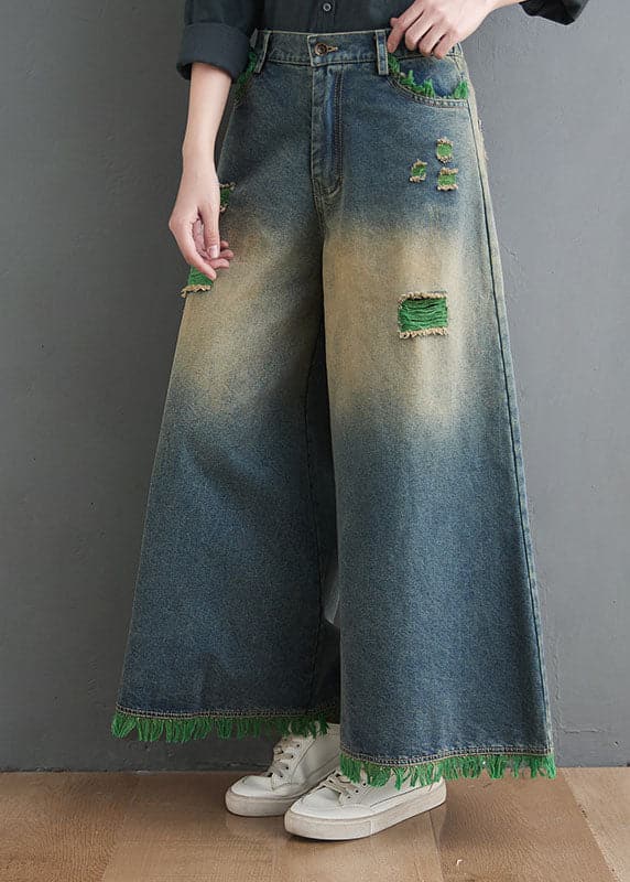 Plus Size Blue High Waist Hole Pockets Tassel Cotton Denim Wide Leg Pants Spring nz-LPTS220526