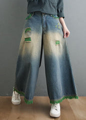 Plus Size Blue High Waist Hole Pockets Tassel Cotton Denim Wide Leg Pants Spring nz-LPTS220526