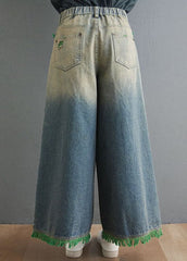 Plus Size Blue High Waist Hole Pockets Tassel Cotton Denim Wide Leg Pants Spring nz-LPTS220526