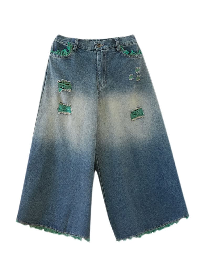 Plus Size Blue High Waist Hole Pockets Tassel Cotton Denim Wide Leg Pants Spring nz-LPTS220526