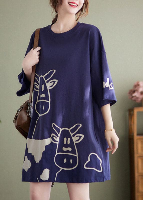 Plus Size Blue O-Neck Cow Print Cotton Vacation Dresses Short Sleeve GK-SDM220623