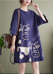 Plus Size Blue O-Neck Cow Print Cotton Vacation Dresses Short Sleeve GK-SDM220623