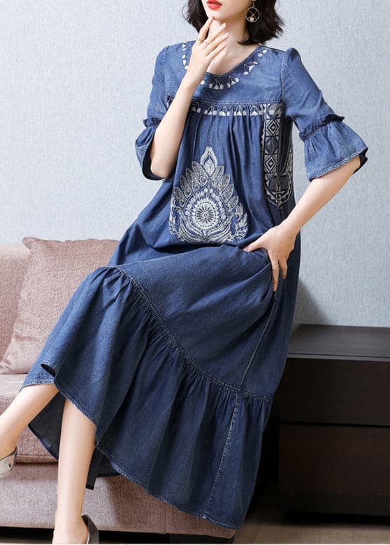 Plus Size Blue O-Neck Embroideried Ruffles Cotton Denim Dress Flare Sleeve NZ-SDL220606