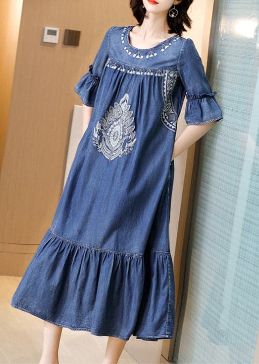 Plus Size Blue O-Neck Embroideried Ruffles Cotton Denim Dress Flare Sleeve NZ-SDL220606