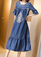 Plus Size Blue O-Neck Embroideried Ruffles Cotton Denim Dress Flare Sleeve NZ-SDL220606