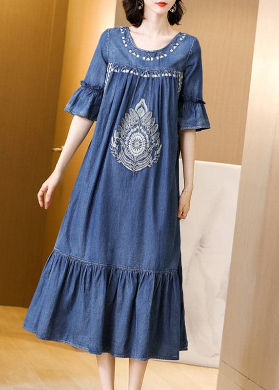 Plus Size Blue O-Neck Embroideried Ruffles Cotton Denim Dress Flare Sleeve NZ-SDL220606