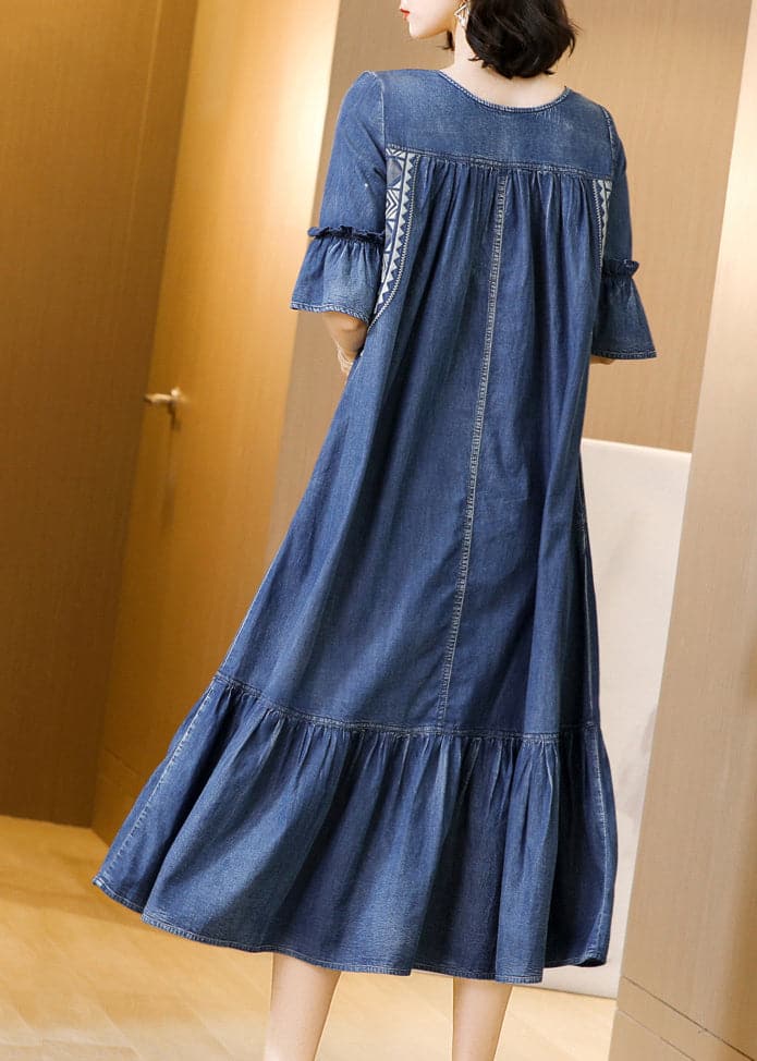 Plus Size Blue O-Neck Embroideried Ruffles Cotton Denim Dress Flare Sleeve NZ-SDL220606