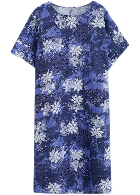 Plus Size Blue O-Neck Print Cotton Holiday Dress Short Sleeve GK-SDL220418