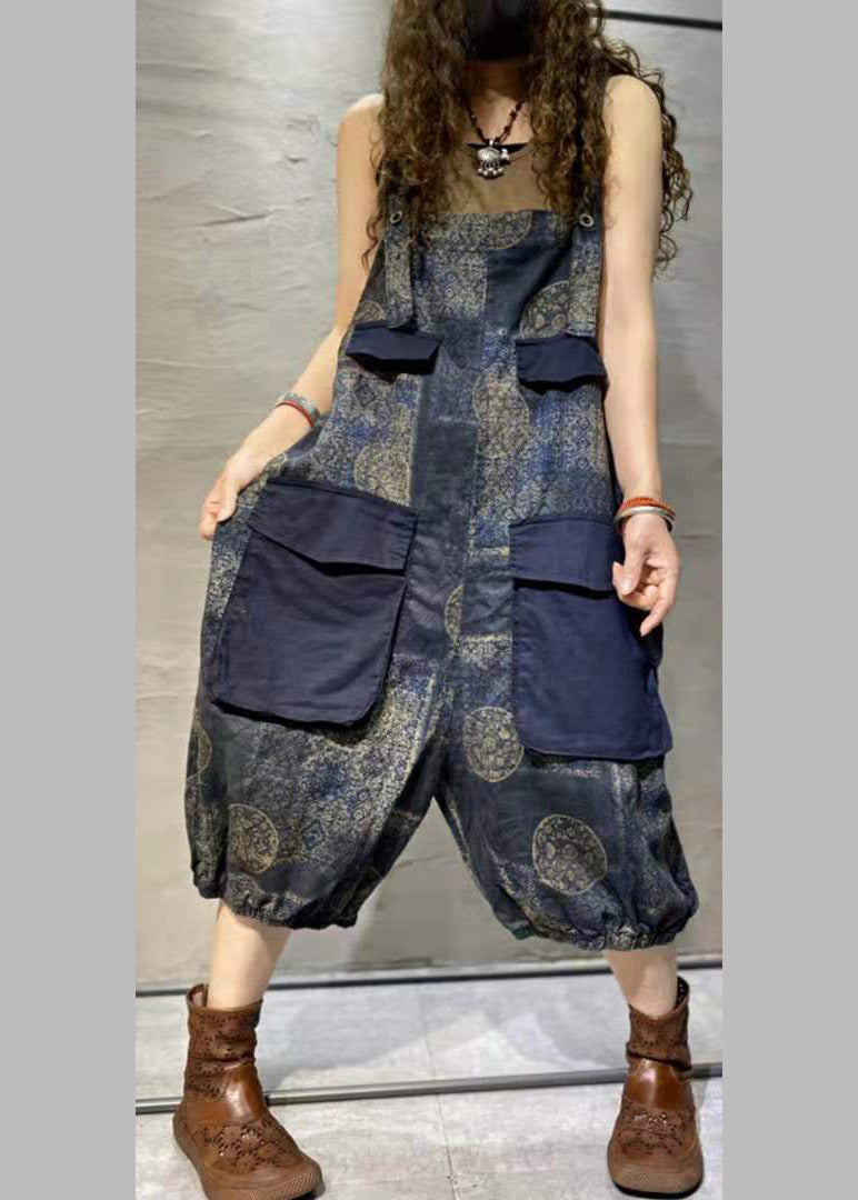 Plus Size Blue Print Oversized Pockets Patchwork Cotton Denim Jumpsuit Summer dylinoshop