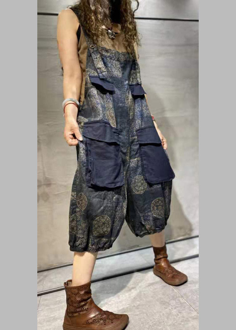 Plus Size Blue Print Oversized Pockets Patchwork Cotton Denim Jumpsuit Summer dylinoshop