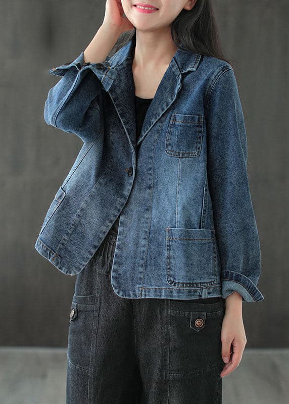 Plus Size Blue button pockets V Neck denim Coats Long Sleeve GK-CTS220208