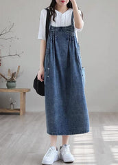 Plus Size Blue drawstring pocket Spaghetti Strap Cotton denim Dress Spring nz-SDL220304