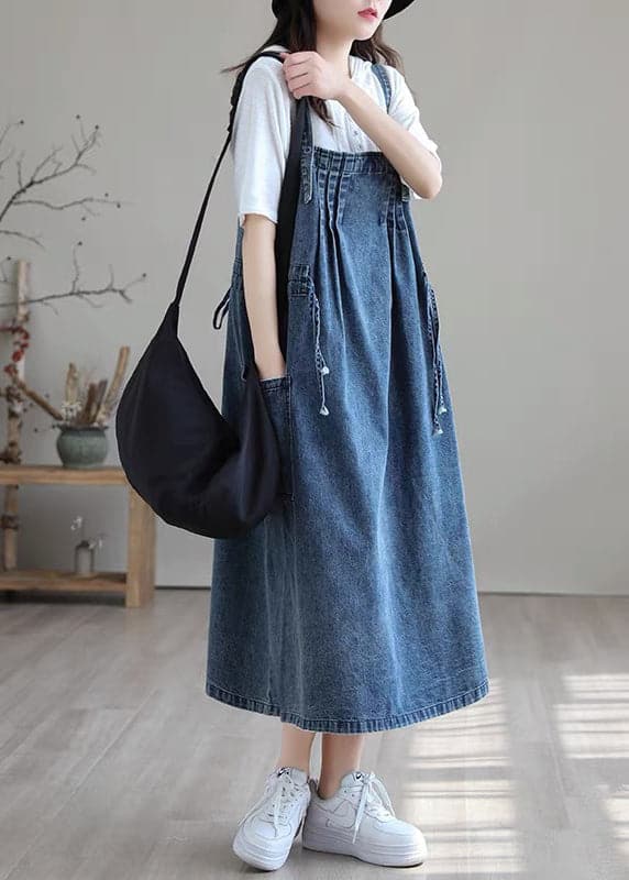 Plus Size Blue drawstring pocket Spaghetti Strap Cotton denim Dress Spring nz-SDL220304