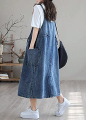 Plus Size Blue drawstring pocket Spaghetti Strap Cotton denim Dress Spring nz-SDL220304