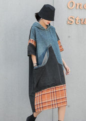 Plus Size Blue hooded Patchwork Plaid Pockets Fall Denim Dresses Half Sleeve OH-FDM210916