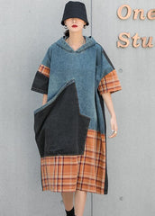 Plus Size Blue hooded Patchwork Plaid Pockets Fall Denim Dresses Half Sleeve OH-FDM210916