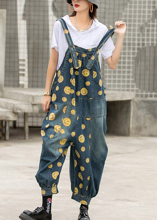 Plus Size Blue smile Print Patchwork Pockets Denim Jumpsuit Sleeveless dylinoshop