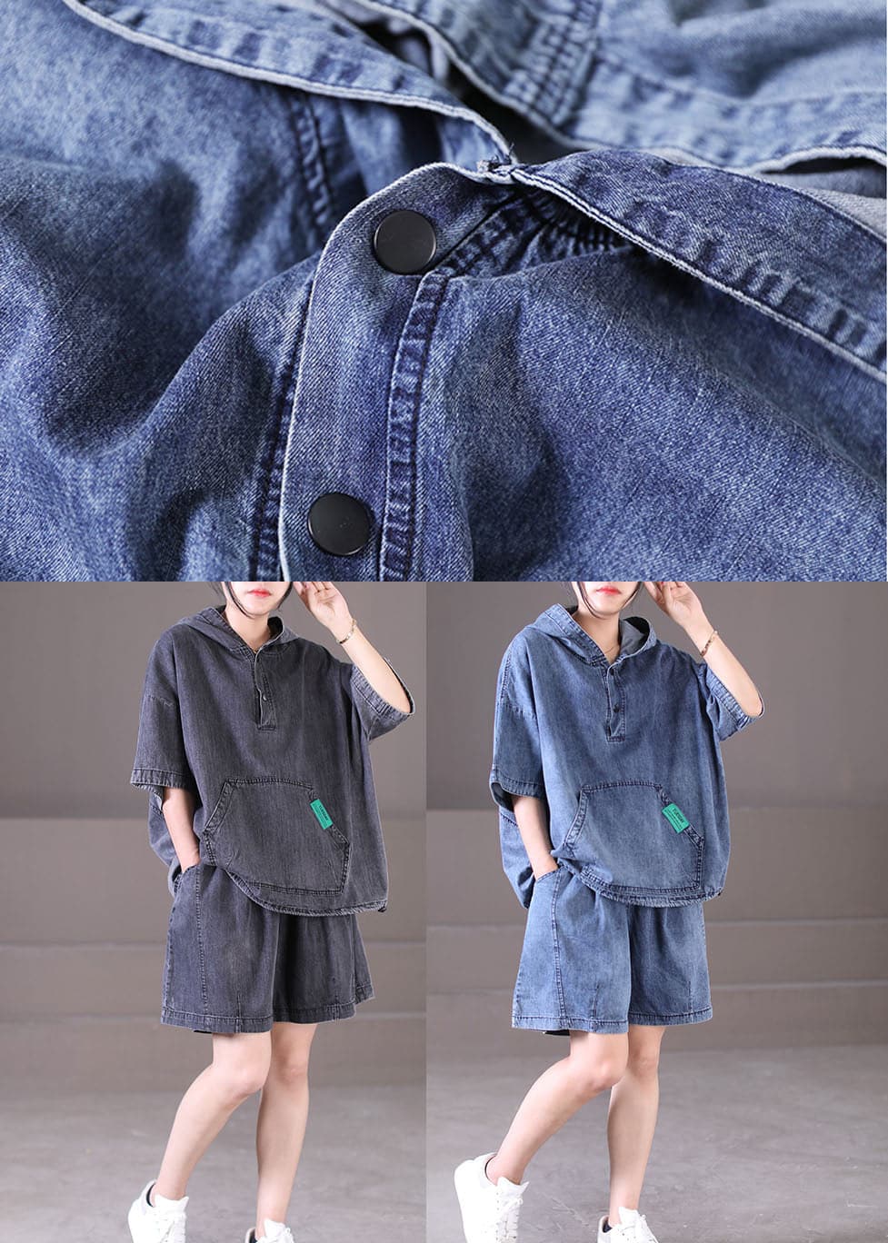 Plus Size Dark Grey Hooded Elastic Waist Pockets Cotton Denim Two Piece Set Outfits Summer WG-TPIEC220722