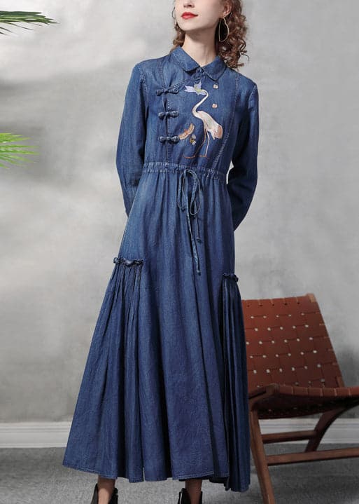 Plus Size Denim Blue Peter Pan Collar Embroideried Ruffled Drawstring Cotton Oriental Dresses Long Sleeve NZ-FDL220606