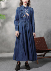 Plus Size Denim Blue Peter Pan Collar Embroideried Ruffled Drawstring Cotton Oriental Dresses Long Sleeve NZ-FDL220606