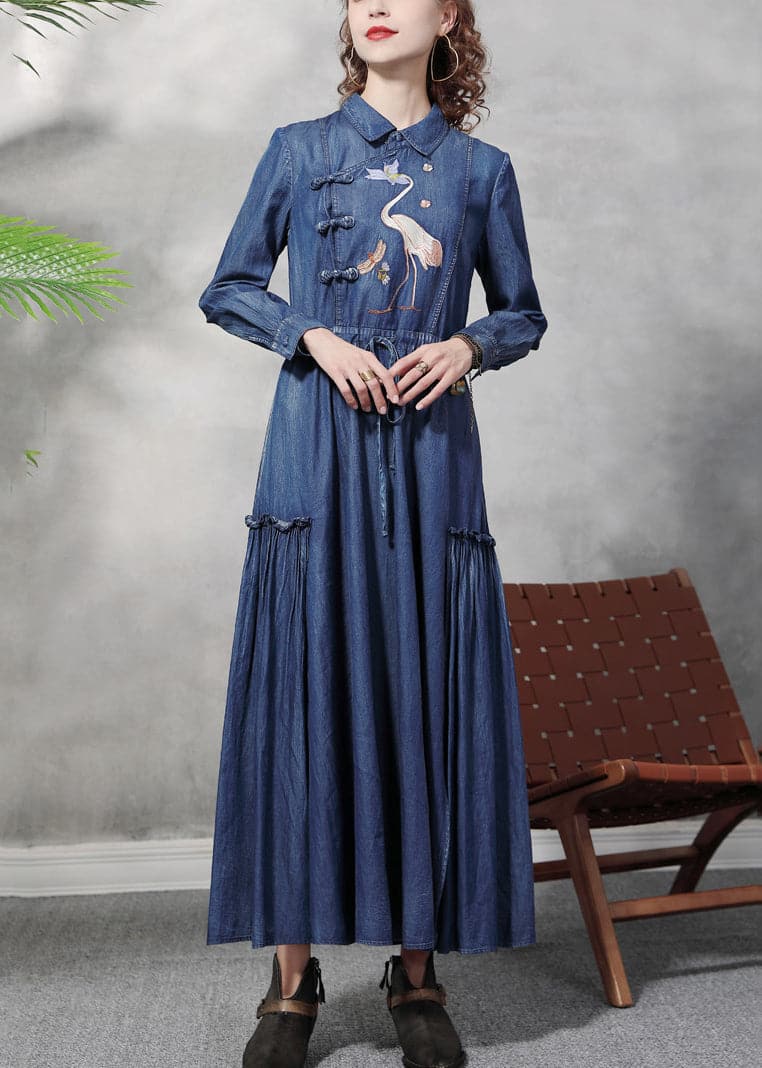 Plus Size Denim Blue Peter Pan Collar Embroideried Ruffled Drawstring Cotton Oriental Dresses Long Sleeve NZ-FDL220606