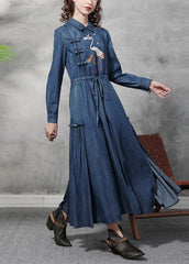 Plus Size Denim Blue Peter Pan Collar Embroideried Ruffled Drawstring Cotton Oriental Dresses Long Sleeve NZ-FDL220606