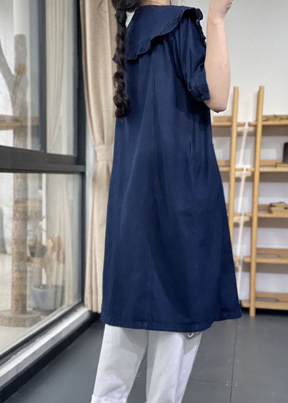 Plus Size Denim Blue Peter Pan Collar Ruffled Cotton Vacation Dresses Short Sleeve GK-SDM220623