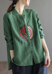 Plus Size Green Embroideried Linen Shirt Top Long Sleeve GK-LTP220301