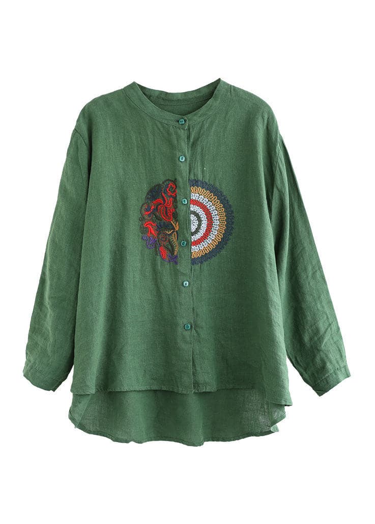 Plus Size Green Embroideried Linen Shirt Top Long Sleeve GK-LTP220301