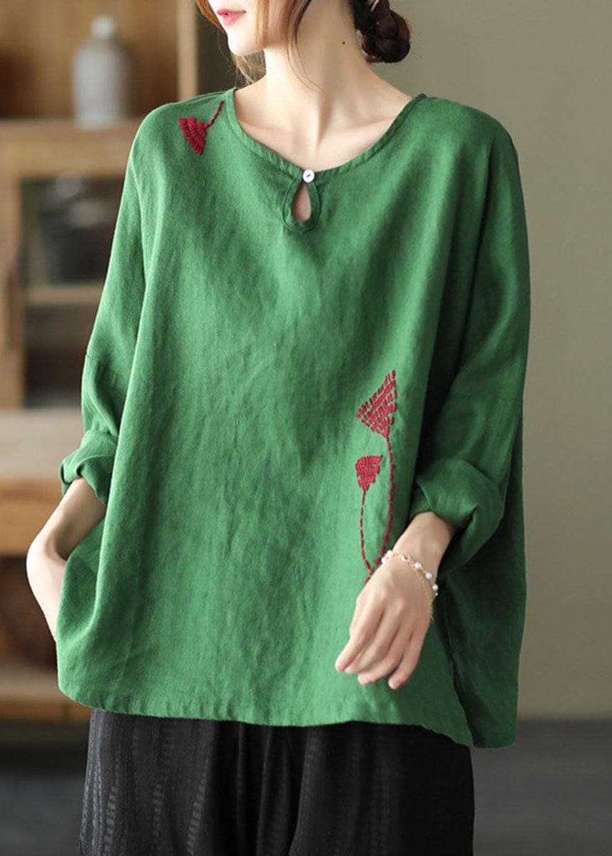 Plus Size Green Loose Embroideried Fall Linen Shirt Tops Long Sleeve GK-LTP210810