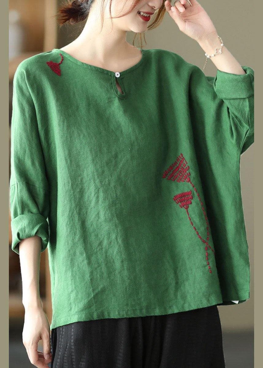 Plus Size Green Loose Embroideried Fall Linen Shirt Tops Long Sleeve GK-LTP210810