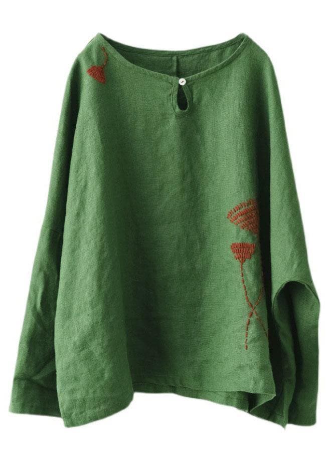 Plus Size Green Loose Embroideried Fall Linen Shirt Tops Long Sleeve GK-LTP210810