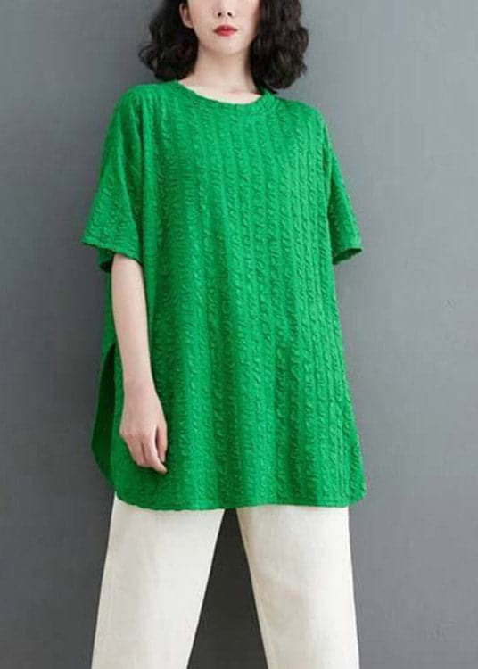 Plus Size Green O-Neck Wrinkled Cotton Top Short Sleeve gk-STP220722