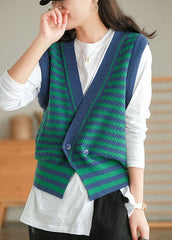 Plus Size Green Striped Button Fall Knit Sleeveless Waistcoat GK-VTP210910