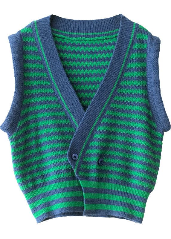 Plus Size Green Striped Button Fall Knit Sleeveless Waistcoat GK-VTP210910