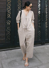 Plus Size Grey V Neck Button Linen Jumpsuit Spring dylinoshop