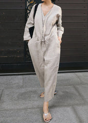 Plus Size Grey V Neck Button Linen Jumpsuit Spring dylinoshop