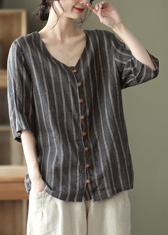 Plus Size Grey V Neck Striped Button Linen Shirts Half Sleeve GK-HTP220815