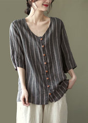 Plus Size Grey V Neck Striped Button Linen Shirts Half Sleeve GK-HTP220815