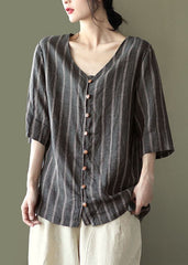 Plus Size Grey V Neck Striped Button Linen Shirts Half Sleeve GK-HTP220815