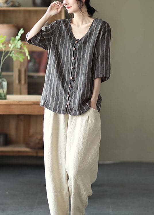 Plus Size Grey V Neck Striped Button Linen Shirts Half Sleeve GK-HTP220815