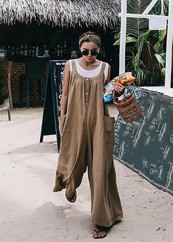 Plus Size Khaki Spaghetti Strap Pockets Jumpsuit Pants Summer dylinoshop